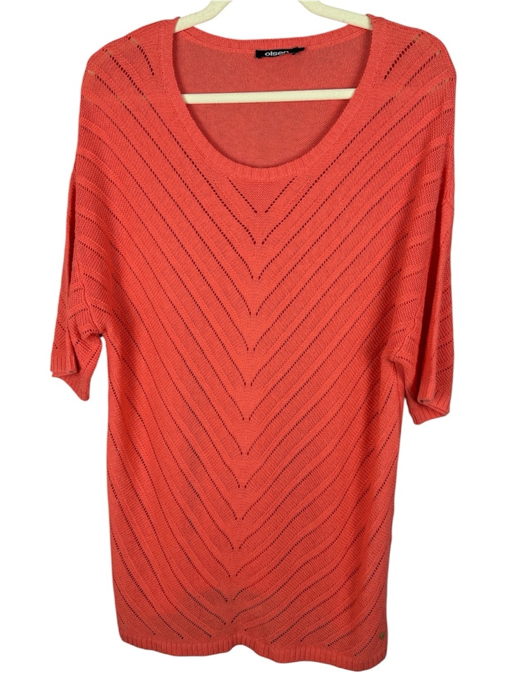 Olsen Cora Cotton Linen Blend Coral Orange Chevron Knit Short Sleeve Sweater